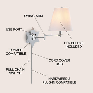 David 18.5" Modern French Country Swing Arm Plug-In or Hardwired Iron LED Star Wall Sconce with Pull-Chain and USB Charging Port - JONATHAN Y